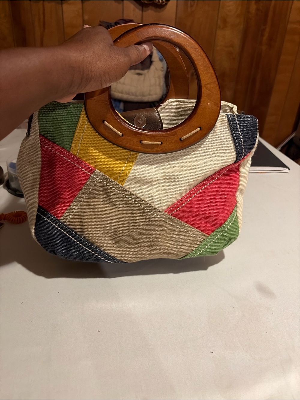 Canvas Patchwork Handbag with Wood Ring Handles - Multicolor